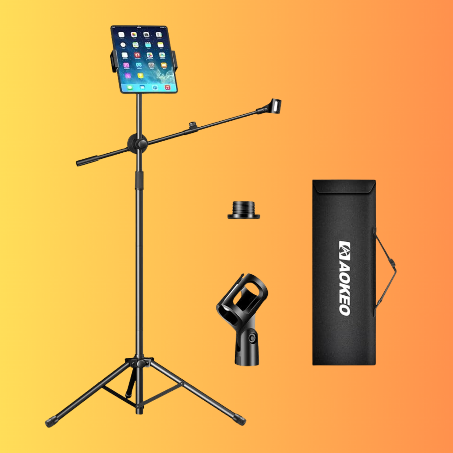 Spjaldtölvu og míkrafón standur